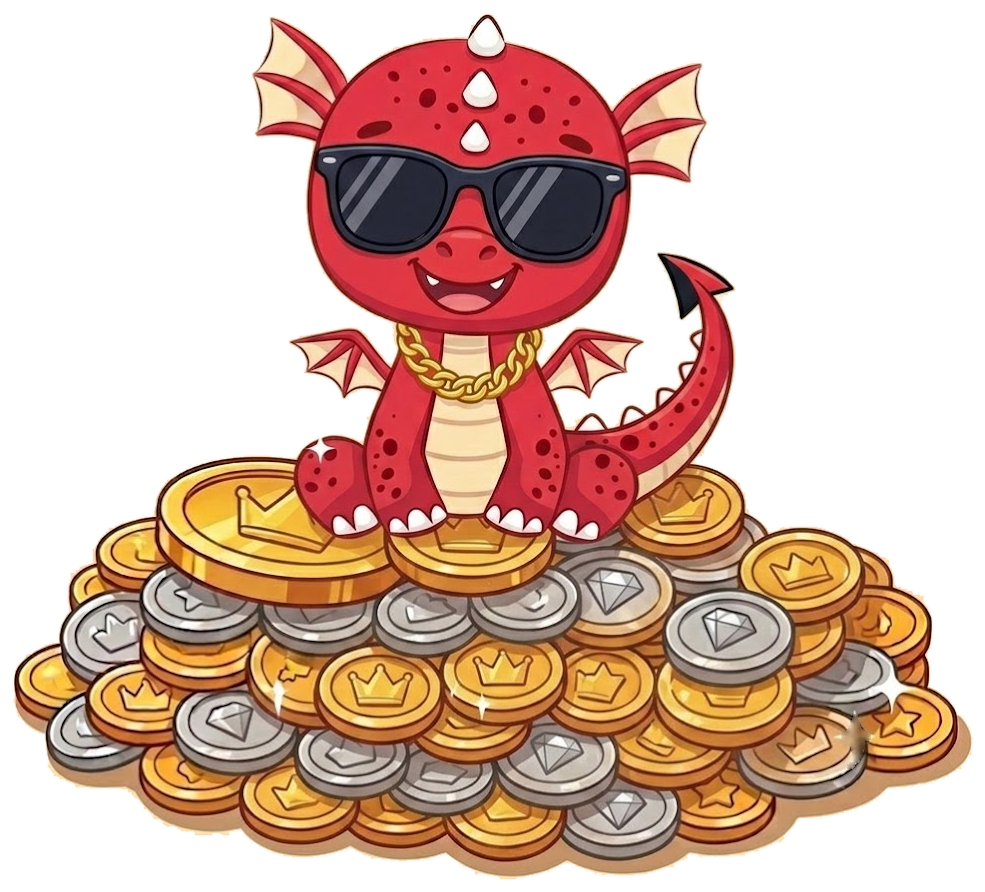 Penny the dragon sitting on a pile of gold, wearing glasses and a chain